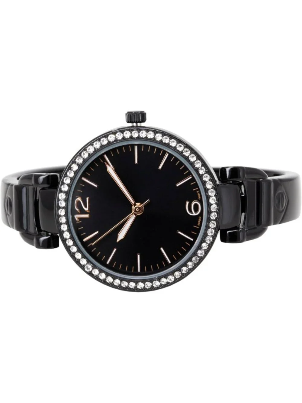 Women's Black Analog Quartz Metal hinged Pearl Cuff Rhinestones Bracelet Watch